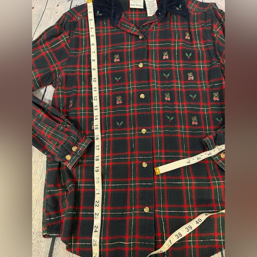 Bobbie Brooks Velvet Collar Embroidered Plaid Holiday Button Up 80s Top Size S - Picture 8 of 8